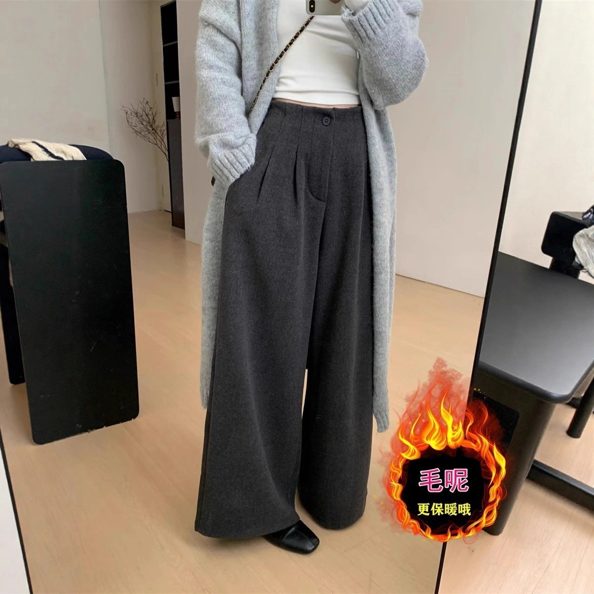 ウールワイドパンツ レディース秋冬大きいサイズ ハイウエストスリムルーズストレートテーラードパンツ ズボン