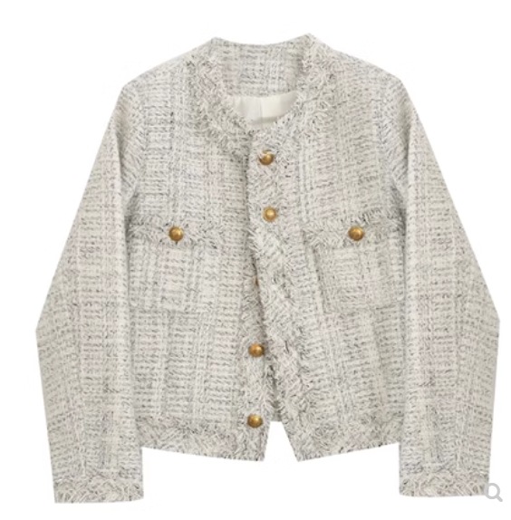 トップス アウター レディース ジャケット ノーカラー 春服 秋服 冬服 ショート ラウンドネック ノーカラー ストレート ポケット 前開き ツイード ボタン インスタ映え SNS 映え 高見え 格上