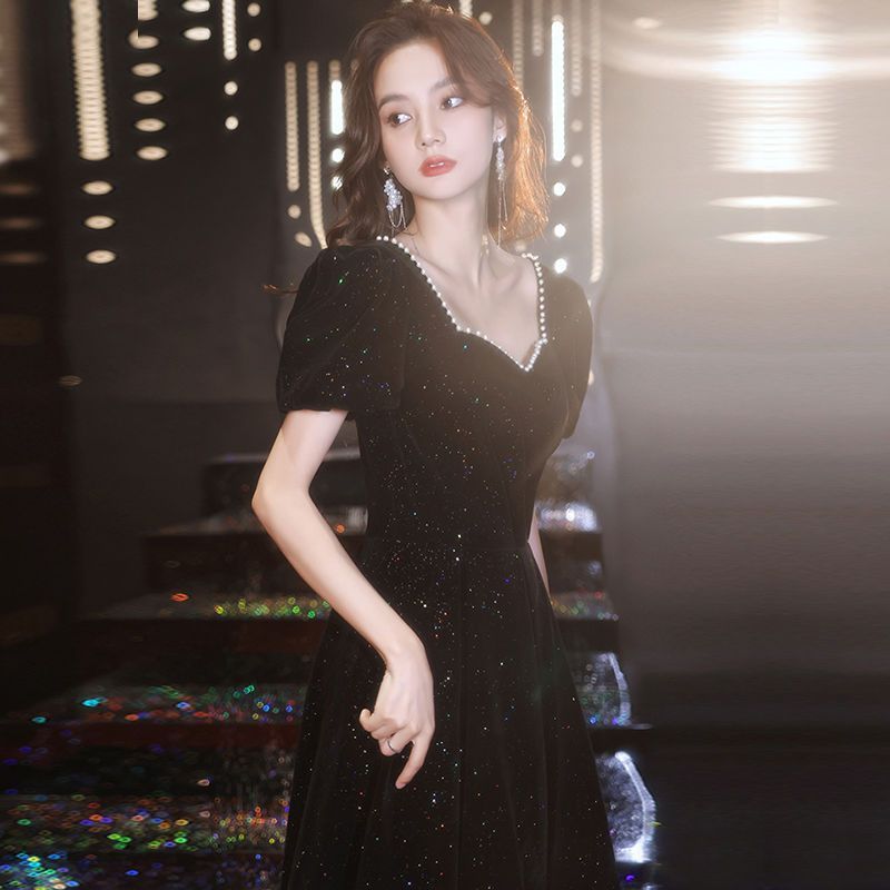 黒いドレス女性2025気質誕生日ディナーホストスリムドレスロングドレス