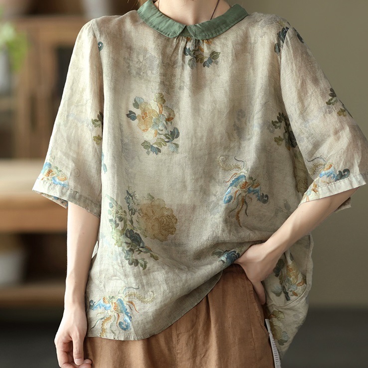 トップス シャツ プルオーバー カットソー Tシャツ 花柄 アジアン エスニック柄 森ガール バックボタン カジュアル 袖あり 5分袖 五分袖 襟あり 大人可愛い 大人 おしゃれ お洒落 かっこいい