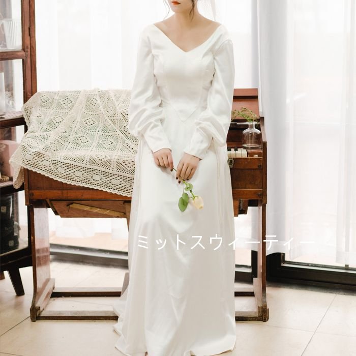 ウェディングドレス Aラインドレス 結婚式 花嫁 二次会 発表会 長袖 白 vネック パーティードレス 演奏会 ロングドレス ウエディングドレス バルーンスリーブ