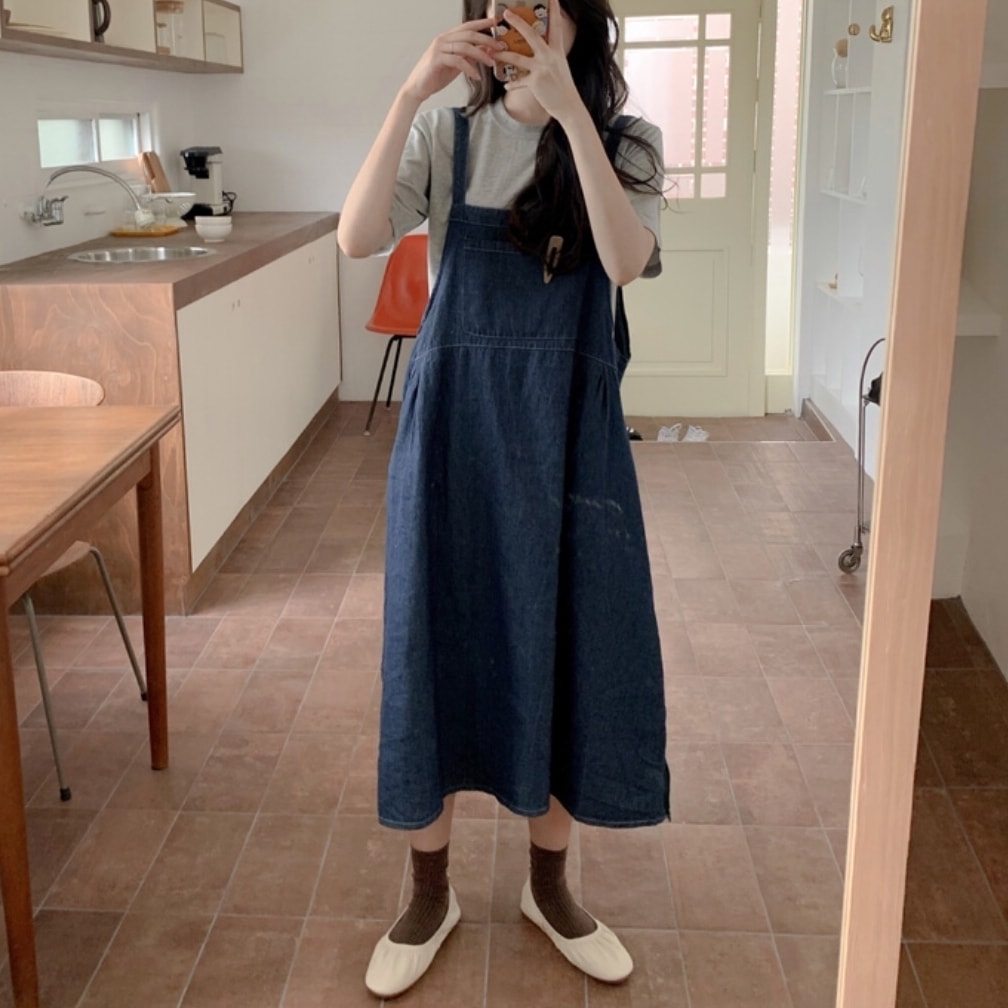 2点セット レディース セットアップ 上下セット 韓国 トップス ジャンパースカート デニムワンピース キャミソールワンピース キャミワンピ ロング丈 半袖 パフスリーブ ラウンドネック Aライン