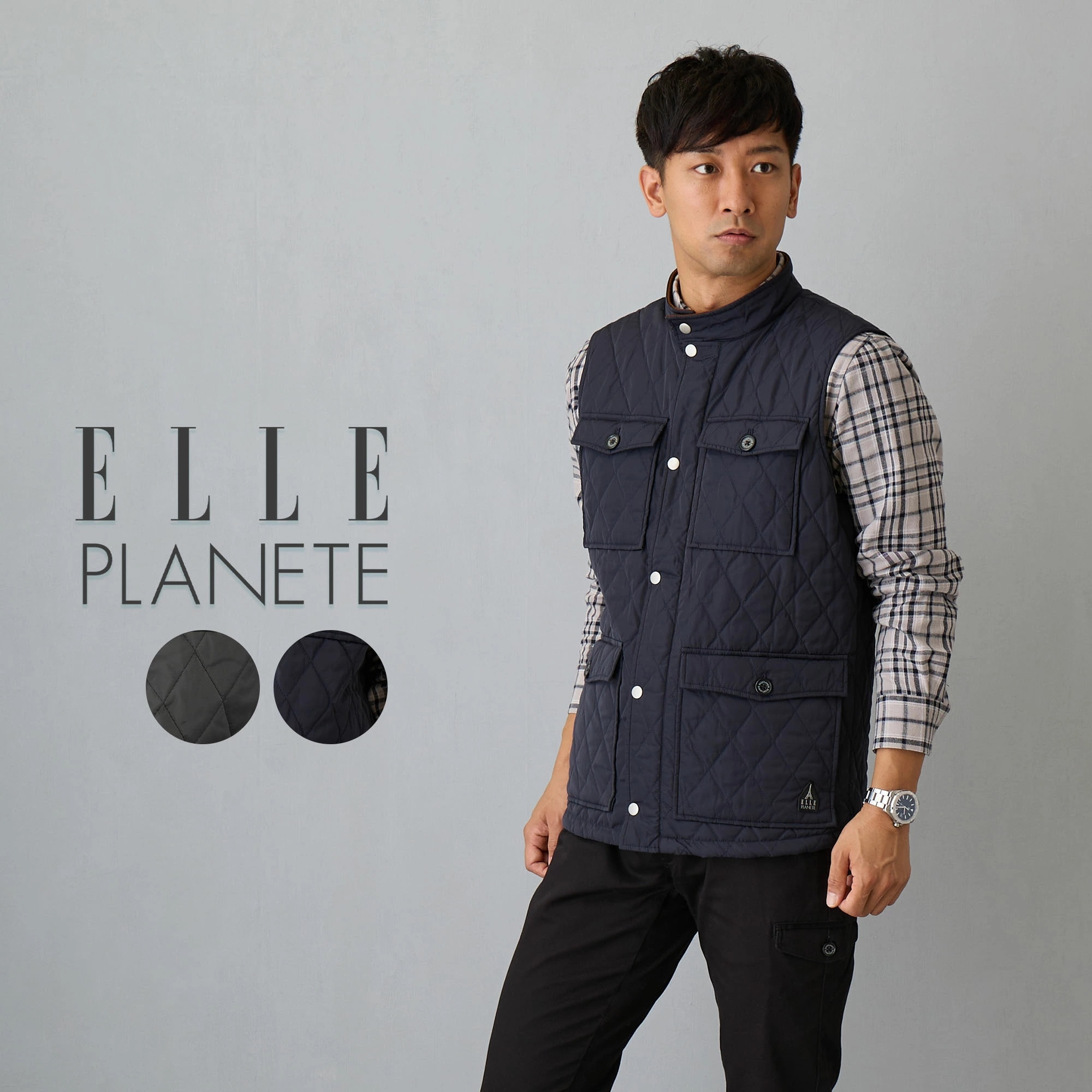 ベスト メンズ ジレ 中綿 タートルネック ELLEPLANETE エルプラネット パデット キルティング ブランド M65 ミリタリーベスト カジュアル ストリート スナップボタン 多ポケット 防寒