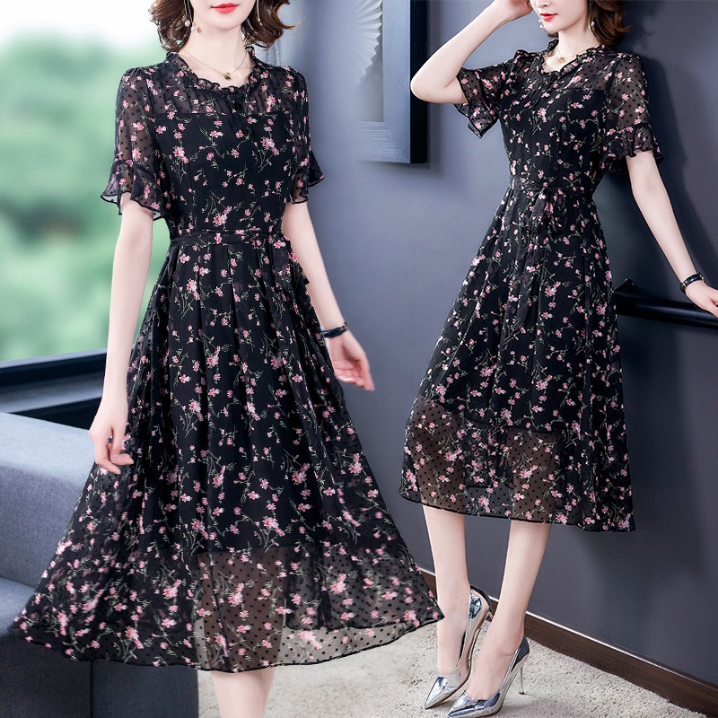 ワンピース シフォンワンピース 花柄ワンピース ひざ丈 袖あり 半袖 トランペットスリーブ ラウンドネック フレア Aライン シフォン リボン ハイウエスト 透け感 薄手 大人可愛い きれいめ 7,003円