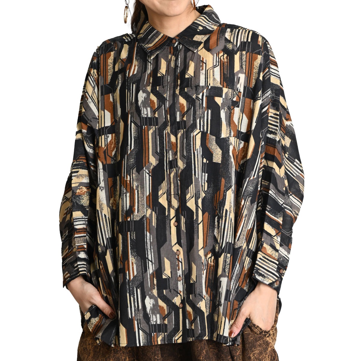 柄シャツ レディース メンズ ドルマン ブラウス トップス 着るだけでセンスアップスシボイルプリントドルマンシャツ 総柄 柄物 ゆったり 長袖 秋 秋服