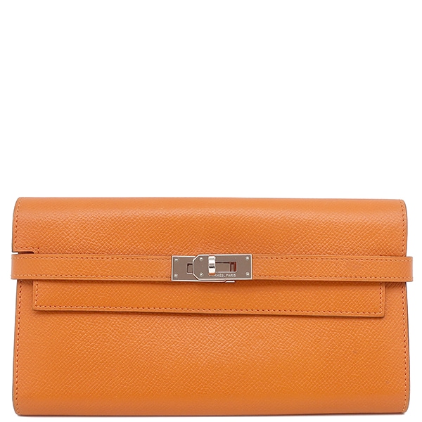 エルメス HERMES 長財布 ケリーウォレット ロング ヴォーエプソン オレンジ シルバー金具 P刻印 【箱】【中古】