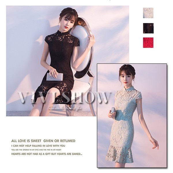 チャイナドレス風ワンピース レディース マーメイド エレガント 半袖 膝丈 総レース