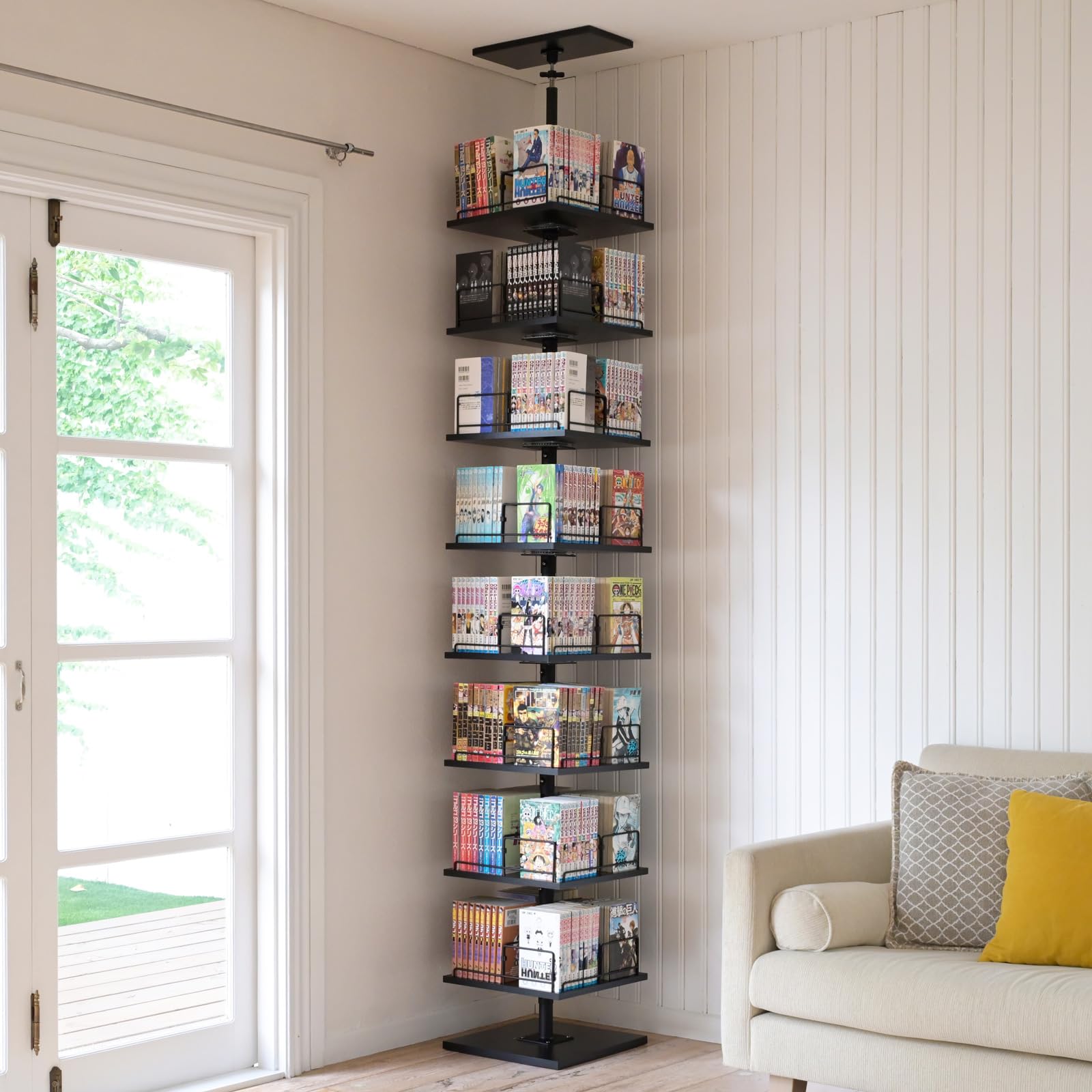 山善(YAMAZEN) 本棚 突っ張り 回転式本棚 つっぱり棚 回転 大容量 全体耐荷重120kg 省スペース ラック 8段 幅34cm×奥行34cm×高さ222-262cm ブックシェルフ 組立品