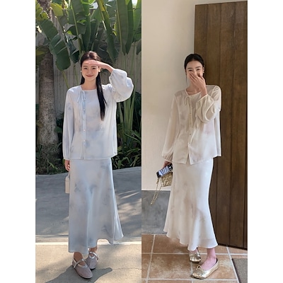 MULVAN中国式ジャカードのシャツの女性のゆったりした貝のボタンのシャツを着て気質のサテンの面の包みの尻の半身のスカートを覆います