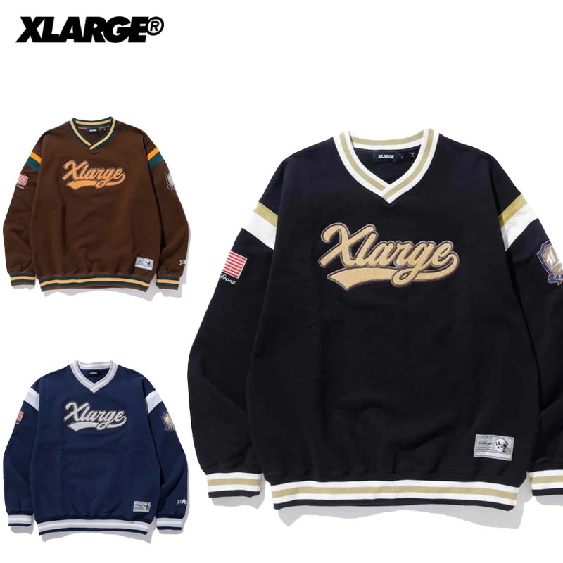 エクストララージ XLARGE BASEBALL LOGO EMBROIDERED V NECK SWEATSHIRT スウェット トレーナー メンズ [AA]