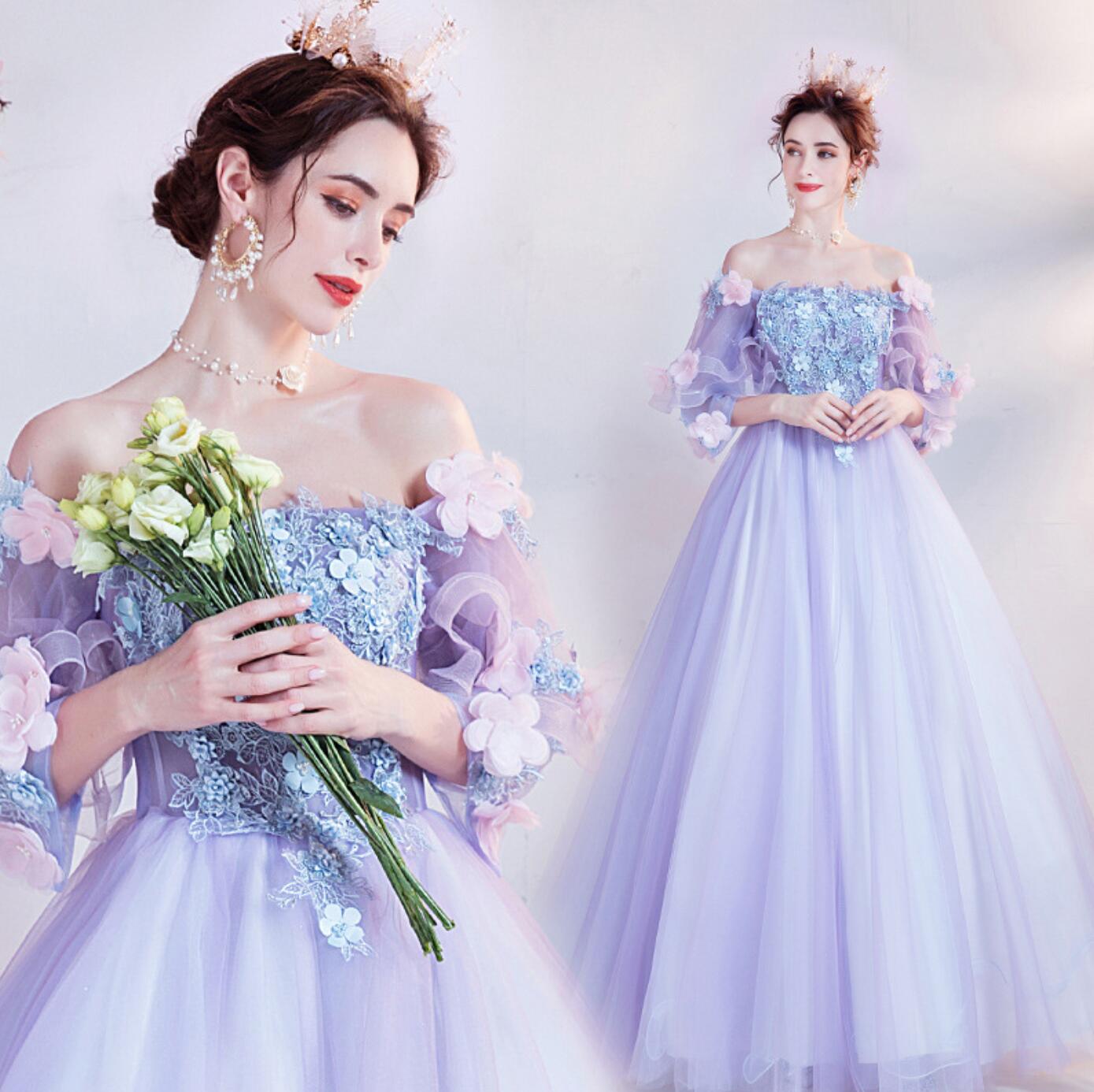 藍紫色 カラー ウエディングドレス ロング丈 カラードレス レディース ロング マキシ丈 パーティー 二次会 結婚式 ドレス フリル オフショルダー 七分袖 花 フラワー 花びら 可愛い Aライン プ