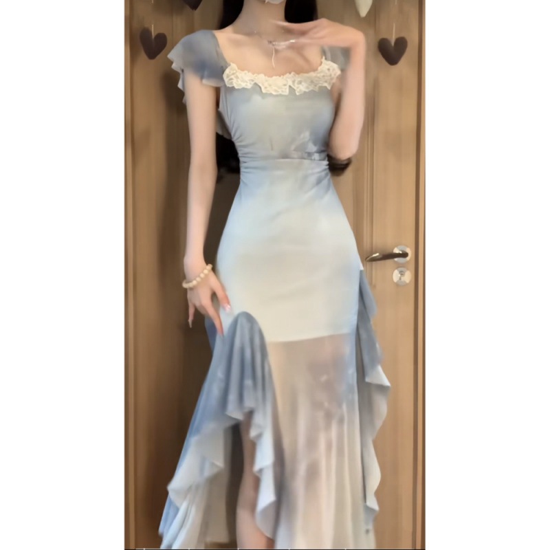 夏ハイエンドハロー染めスリムフィットフライングスリーブドレスセクシーホリデースタイルスリットドレス