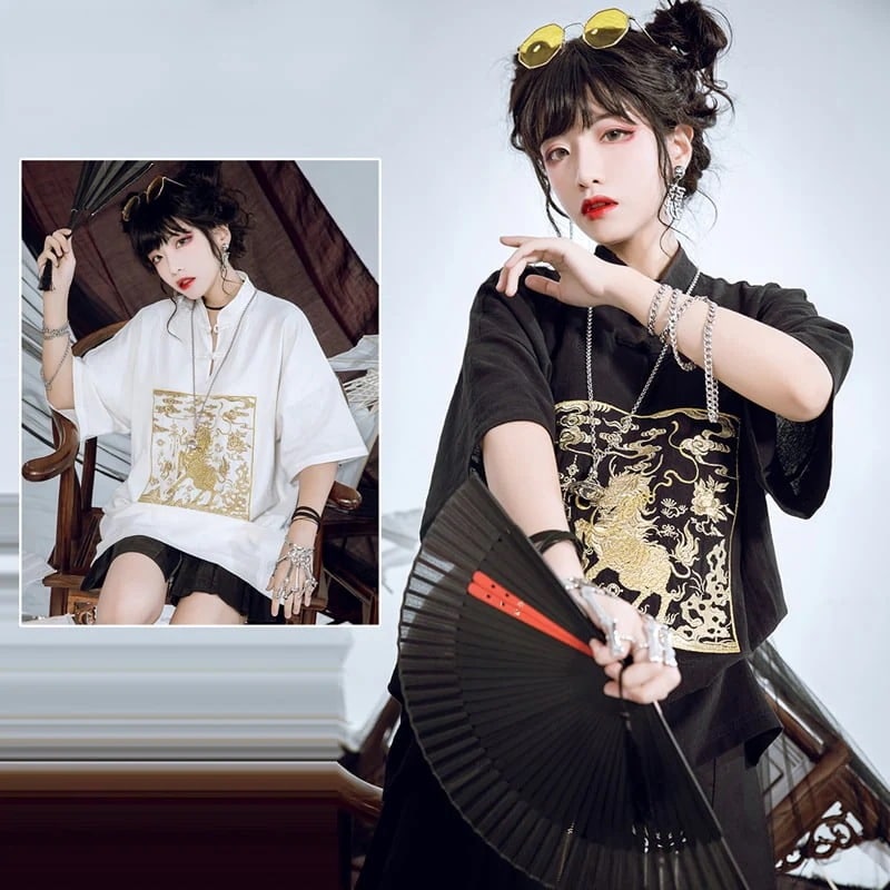 チャイナ風ブラウス レディース 刺繍トップス リネンブラウス メンズ 半袖 夏 男女兼用 オリジナル スタンドカラー 黒/白 チャイナボタン カップル