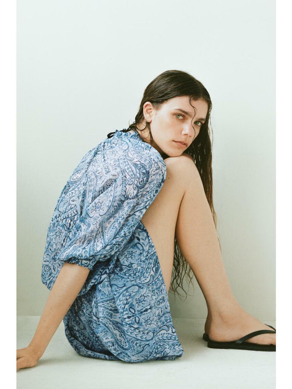 H&M オーバーサイズチュニックドレスブルーペイズリー柄 1335611004