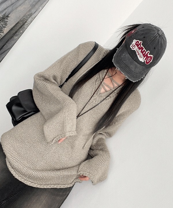 [ビッグサイズ] オーバーサイズ ルーズフィット ビンテージ ストリート Vネック ストリング ニット(3color)