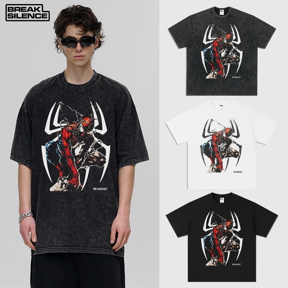 アメリカン半袖Tシャツ スパイダーマンプリント ウォッシュドピュアコットン ルーズショルダー ラウンドネック 男女兼用