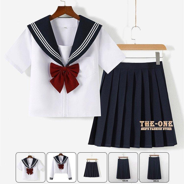 【即納】セーラー服 半袖 長袖 ブラウス プリーツスカート 丈長め 膝丈 正統派 女子制服 単品 セットアップ 女子高校生 JK制服 蝶ネクタイ付き 本格制服