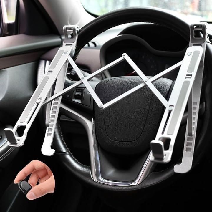 車用 ハンドル テーブル パソコン スタンド 折りたたみ 高さ 角度 調整 可能 アルミ合金 車中泊 PC 車載フック 付(シルバー)