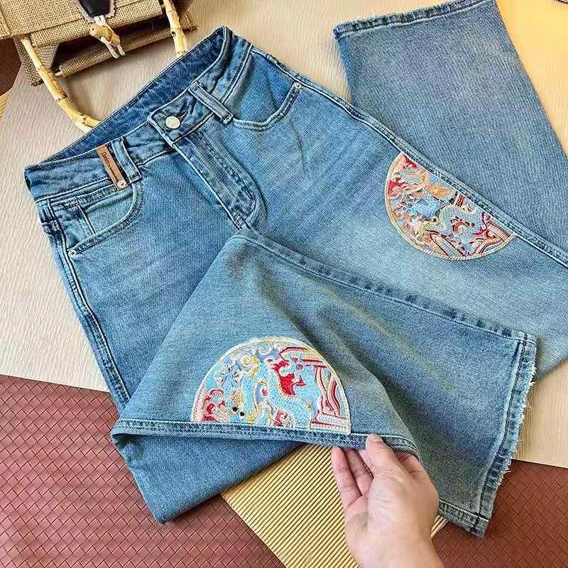 レディース ファッション カジュアル おしゃれ トレンディ トレンド 刺繍 ストレート ジーンズ 春 スリム ドレープ ワイドレッグ パンツ トレンド