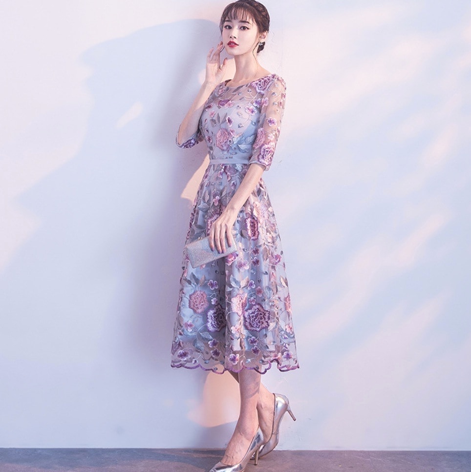 イブニングドレス パーティードレス レースワンピース 七分袖 ノースリーブ 紫 パープル 韓国 レディース オルチャン ワンピースドレス カジュアルドレス 膝丈 ひざ丈 ラウンドネック
