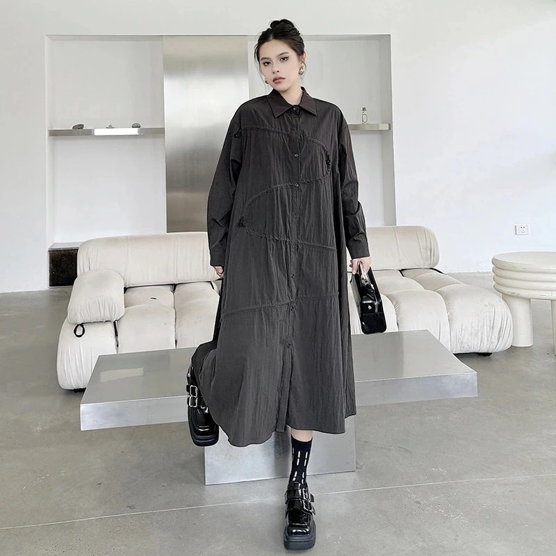 レディース 皺 メガ割 巾着 ロングワンピース ワンピース 個性的なデザイン おしゃれ 【J.Fashion】