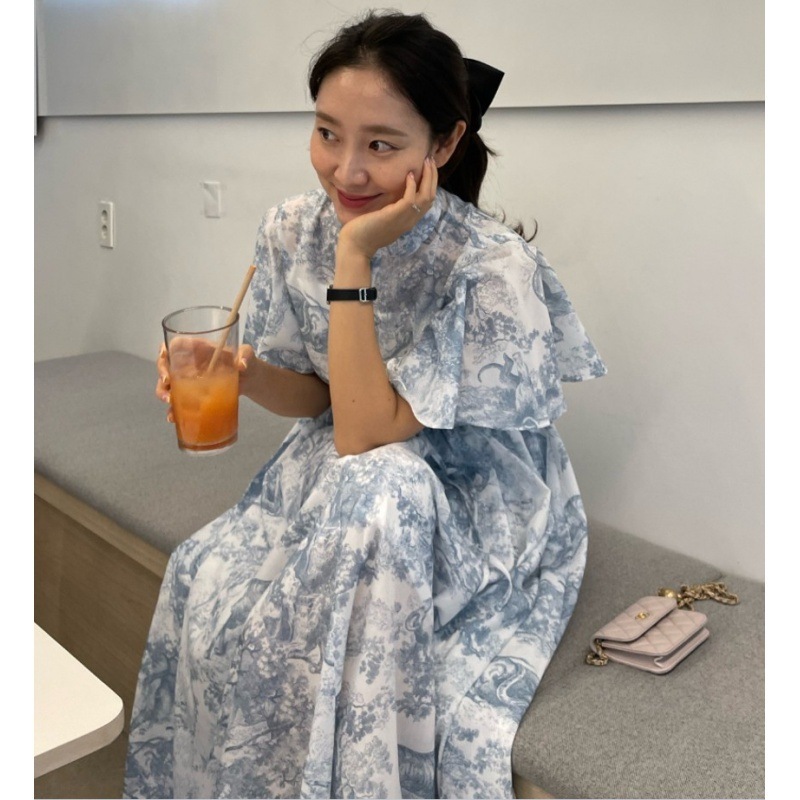 ワンピース フレンチレトロ スタンドカラー フリルスリーブ 韓国 レディース オルチャン ロング ロング丈 袖あり 半袖 ボリューム袖 フレアスリーブ フレア セミフレア Aライン リボン