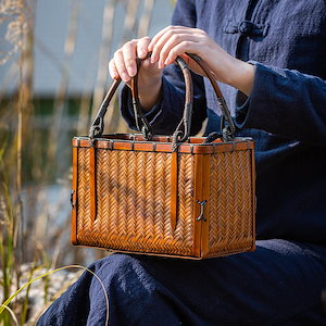 竹織りバッグ手作りレトロミニ竹バッグ竹かご中国風ティーバッグティーセット収納袋ハンドバッグ