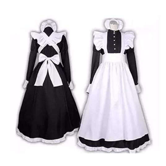 即納メイド服 ロング コスプレ衣装 メイド イギリス フリル クラシカル 黒 ブラック 3点セット ロングワンピース エプロン カチューシャ コスチューム ハロウィン レディース メンズ 可愛い ゴス