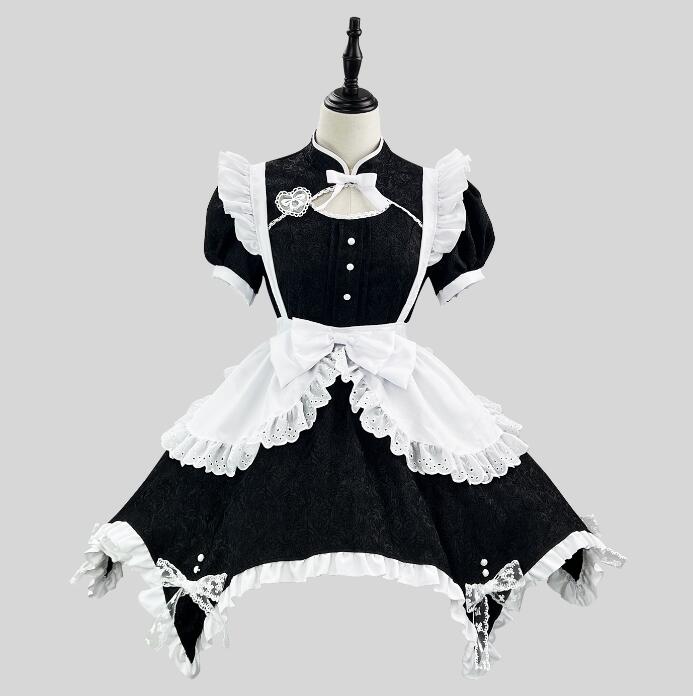 ハロウィン コスプレ衣装 メード服 膝丈 メイドワンピース 半袖メイド服 可愛いリボン Lolita 学園祭 文化祭 喫茶店 コスチューム イベント衣装 可愛い メイド服 撮影衣装 黒白