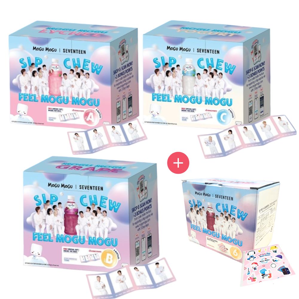 メガ割限定【SEVENTEEN × MOGUMOGU】 seventeenフォトカード 3枚 MOGUMOGUステッカー 1枚　SEVENTEENパッケージ320ml 24個
