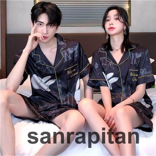 ペア パジャマ シルク 半袖 夏 黒 ブラック ウサギ レディース パジャマ 高級 サテン メンズ パジャマ 結婚祝い プレゼント ペアパジャマ 春夏 シルク パジャマ