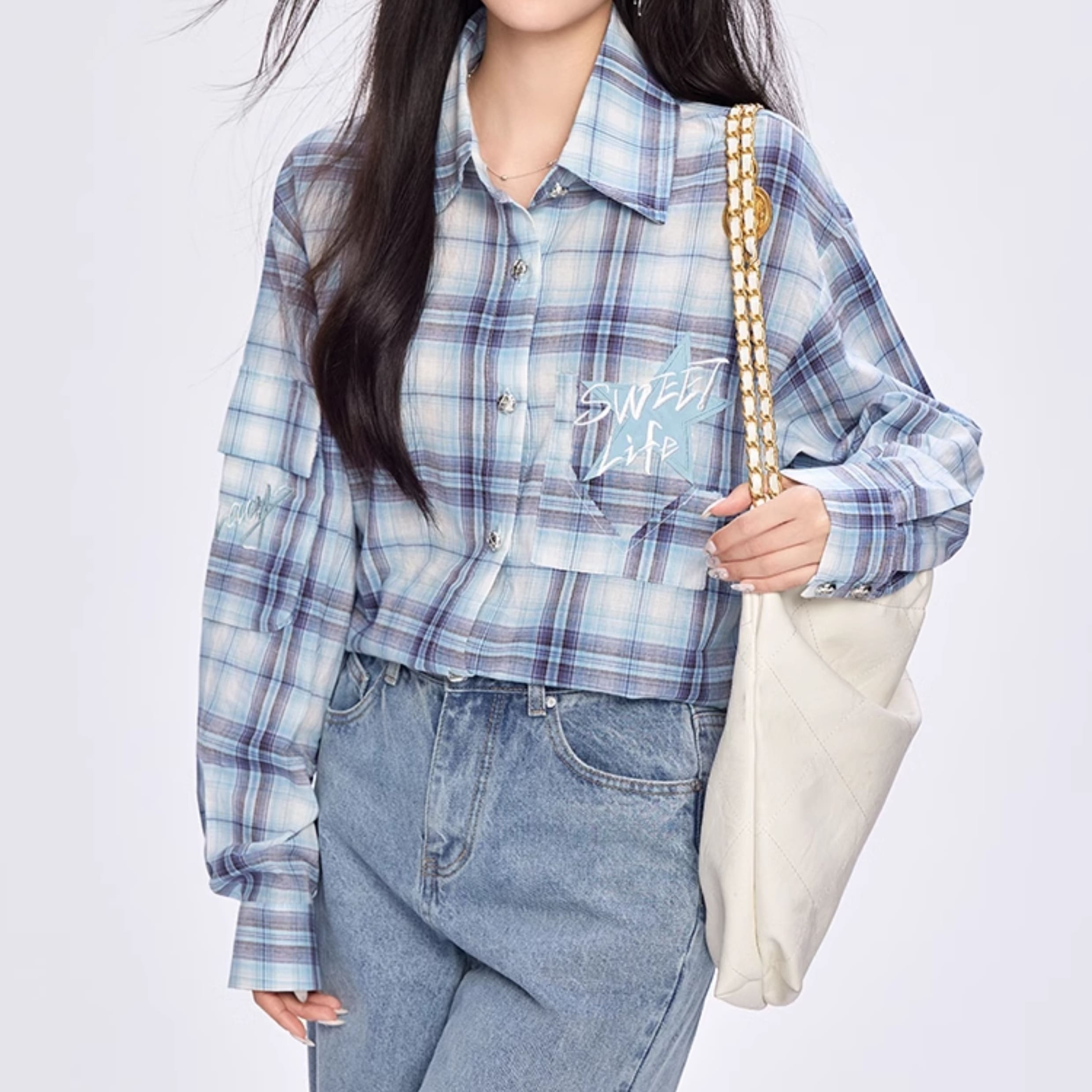 ブラウス トップス 襟付き チェック柄 ドロップショルダー 前開き 長袖 オーバーサイズ 大人可愛い 上品 お洒落 こなれ感 普段使い