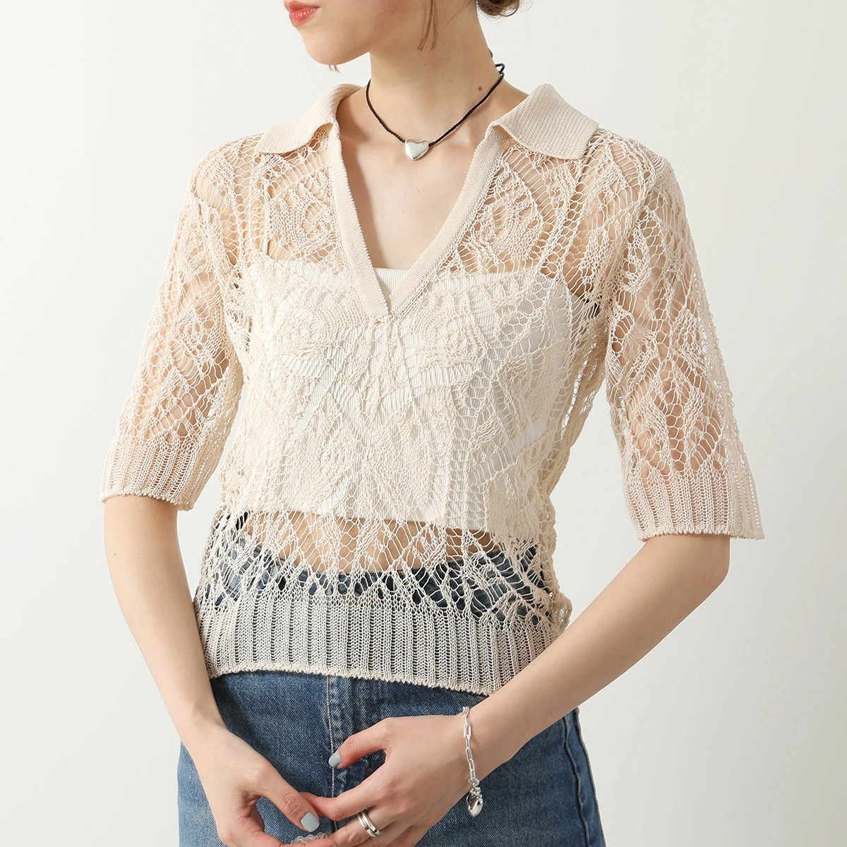 GANNI ガニー 半袖 ニット Thin Cotton Lace Short Sleeve Polo K2200 2665 レディース V ネック ポロカラー レース 135/Egret