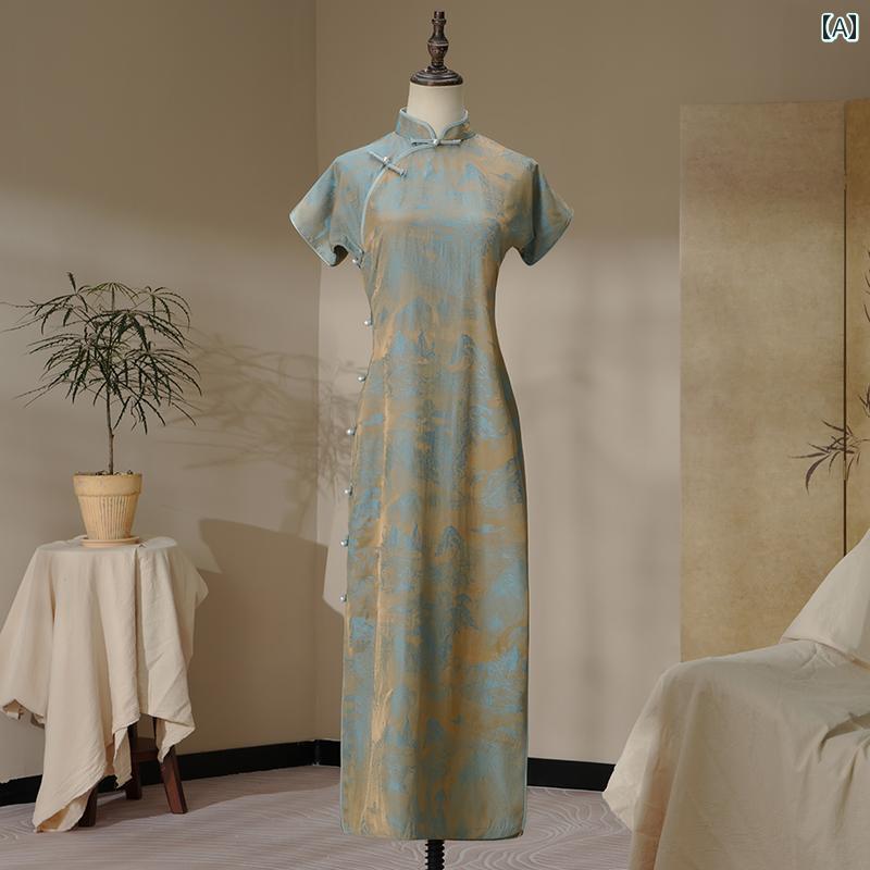 チャイナドレス レディース ワンピース 若々しい ジャカード レトロ 中華 日常使い ブルー