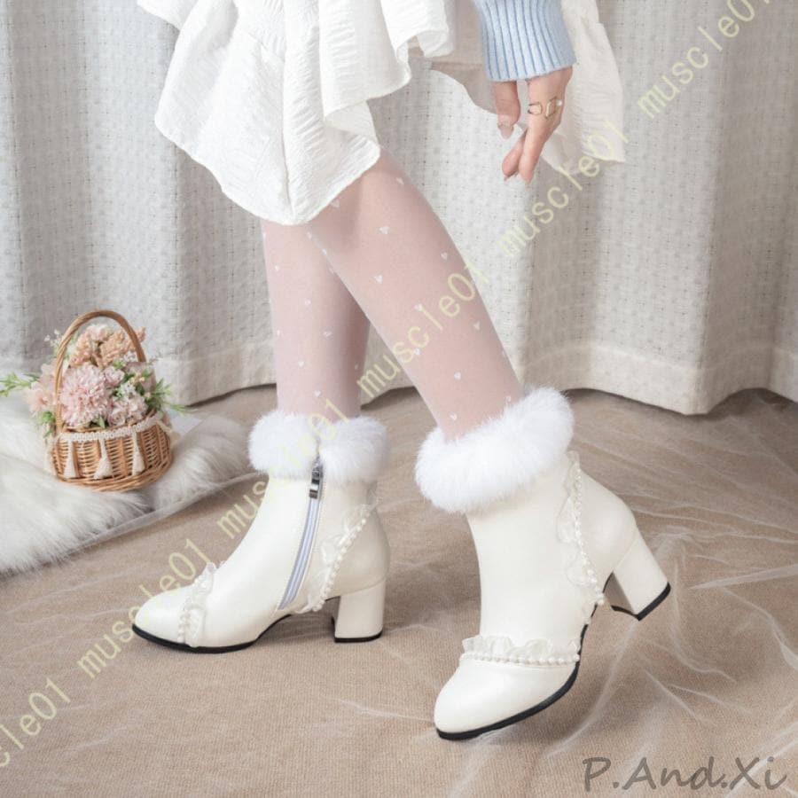 超かわいい ロリータブーツ ガールズ/レディース ショートブーツ ファー 太ヒール ファーブーツ サイドジッパー ハイヒール 歩きやすいプ アンクルブーツ 黒 5,428円