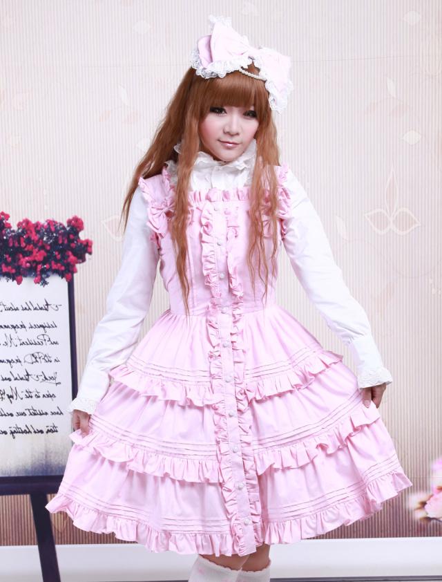 【全店任意2枚購入で100円OFF】ロリータジャンパースカート，ピンク　ティアド　ラッフル　クラシック＆トラディション　コットン