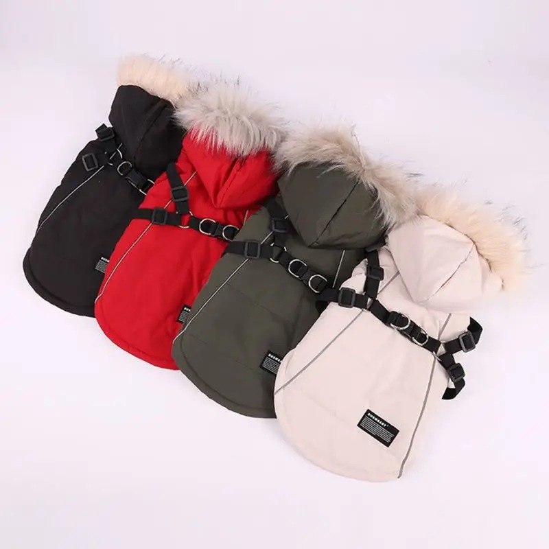 ペット用ハーネス付き防水フード付きジャケット,暖かい犬の服,中小サイズのコート,チワワ,フレンチブルドッグの衣装,冬