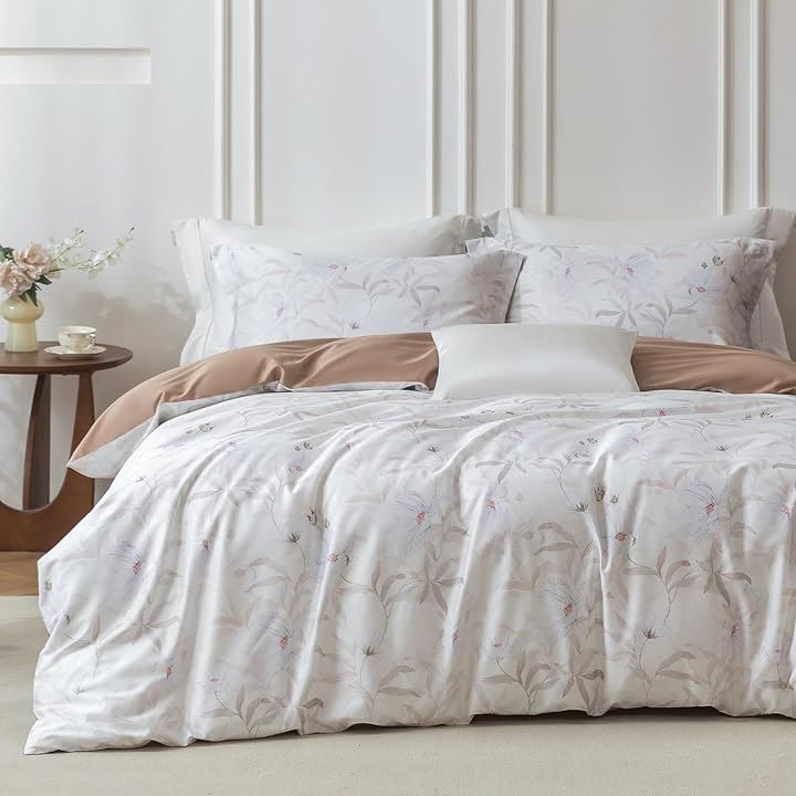 布団カバーセット 4点セット 通気性 60番手高密度織り オリジナル柄デザイン ベッドカバーセット おしゃれ 枕カバーx2 掛け布団カバーx1(Serenia, セミダブル・SD)