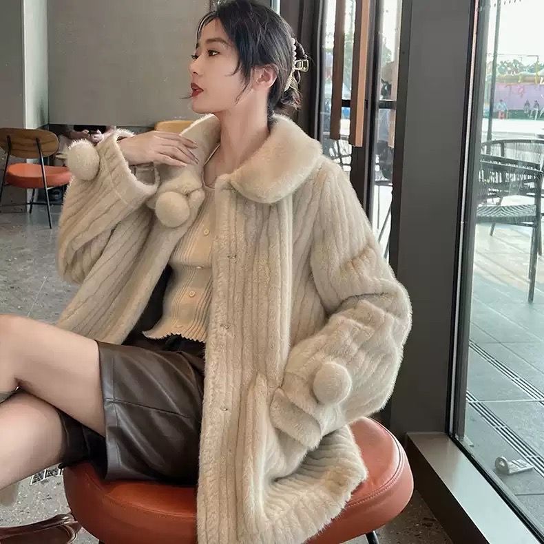 冬の新作 冬新作ヨーロピアンミンクファーオールインワンヤングコートミドル丈エコスノーボールミンクイミテーションミンクファーコート