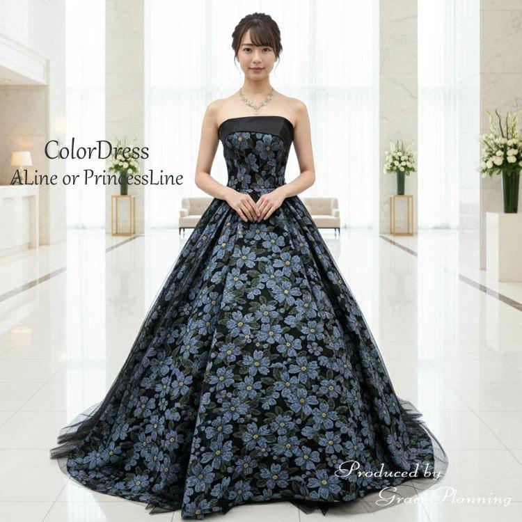新商品 カラードレス 演奏会用ドレス ピアノ ブラック ブルー系 花柄ロングドレス 背中編み上げ 学生 20代30代40代50代60代 cd24001