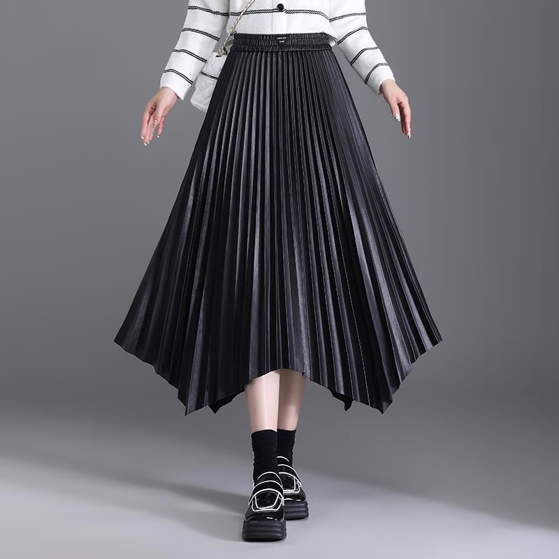 人気沸騰柄追加レザースカートレディースウエストゴムフェイクレザーブラックフレアハイウエストおしゃれ可愛い通勤細見え