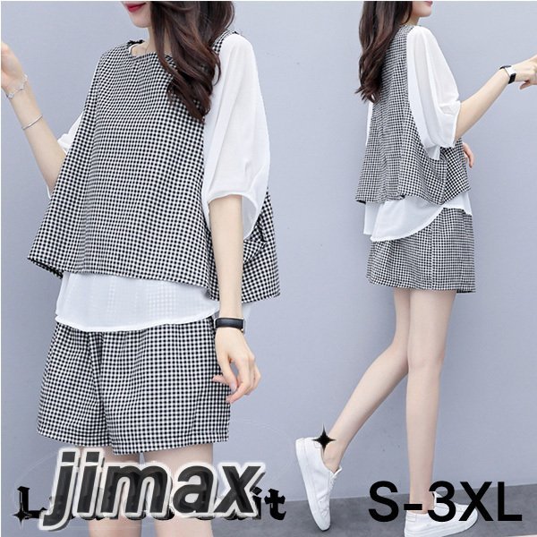 セットアップ レディース カジュアル 夏 パンツスーツ トップス ブラウス ショートパンツ チェック柄 2点セット おしゃれ オフィス 通勤 OL カジュアル ボトムス ホワイトデー
