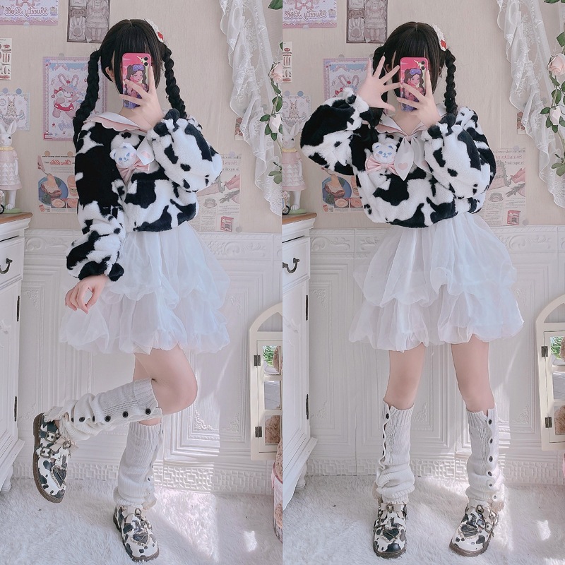 牛の恋人ロリータコートかわいい牛ぬいぐるみトレーナー Jk コートぬいぐるみショート