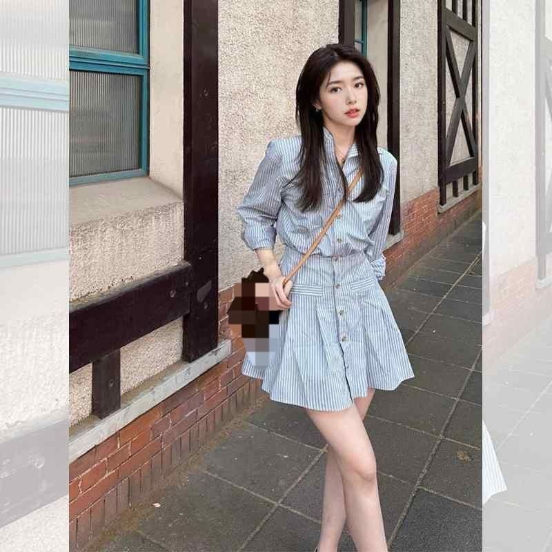 「品質良い」フレンチ キレイ 上品 ブルー ドレス ワンピース ストライプシャツ レディース プレッピー スタイル ウエスト スカート 可愛い 夏 ショート