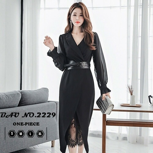 レディース キレイめ ワンピース 春 夏 タイト 長袖 レース ミモレ丈フォーマル 韓国 風 インポート オフィス キャバ パーティ デート 結婚式 二次会 ドレス 黒 ブラック お呼ばれ