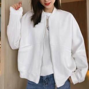 アウター ジャケット 袖付き 長袖 襟なし ラウンドネック 前開き ファスナー ポケット かわいい