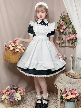 メイド服、Mサイズ、白リボン付きクラシカルワンピースと白ラウンドエプロン メイド服、Mサイズ、白リボン付きクラシカルワンピースと白