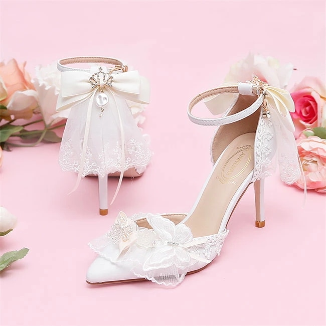 ホワイト　レース ストラップパンプス　ハイヒール　ピンヒール　パンプス ストラップ　ポインテッドトゥパンプス　レース花　ヒール5/7/9cm　 レディース サンダル　靴 美脚 結婚式　ウエディングシュ