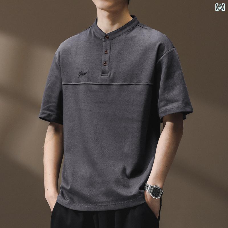 ポロシャツ 高級感 ヘビーウェイト レトロ ヘンリーカラー メンズ サマー カジュアル アメリカン スプライシング 刺繍 半袖 Tシャツ 綿 都会的 夏 レジャー