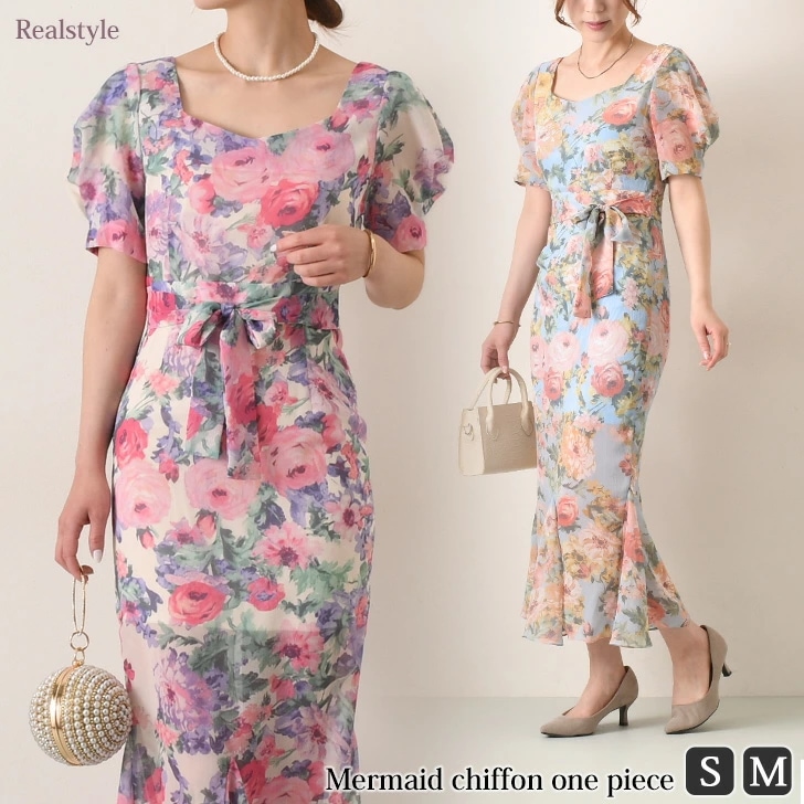花柄リボン付きシフォンマーメイドワンピース レディース きれいめ 上品 ロング丈 マキシ丈 半袖 パフスリーブ 可愛い ガーリー フェミニン パーティー 結婚式 セレモニー 韓国ファッション 透け感